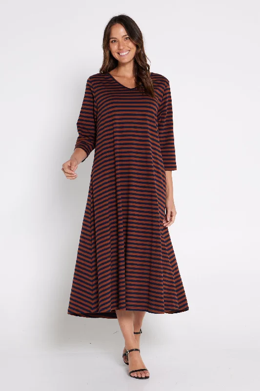 Keyhole neckline midi dress-Cameron Dress - Brown/Navy Stripe