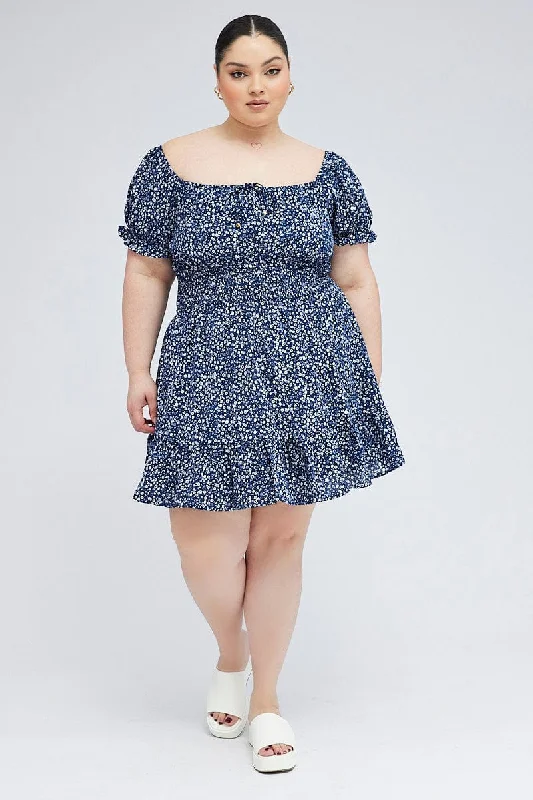 Off-shoulder casual mini dress-Blue Ditsy Fit And Flare Dress Short Sleeve Shirred Waist