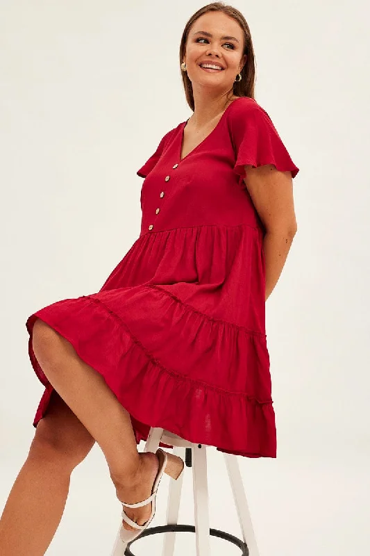 Whimsical floral print mini dress-Red Fit And Flare Dress Short Sleeve V-neck