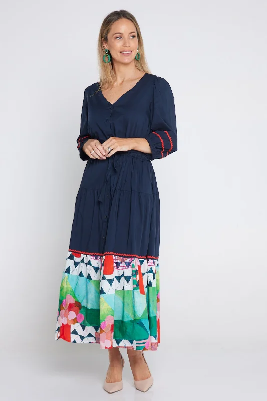 Bell sleeve midi dress-Frida Dress - Navy