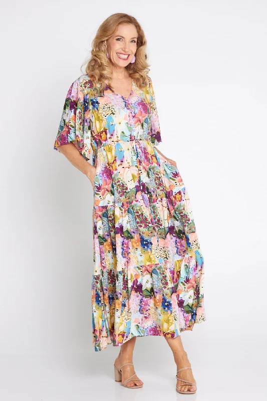 Pleated midi dress-Gravity Dress - Spring Floral Painting