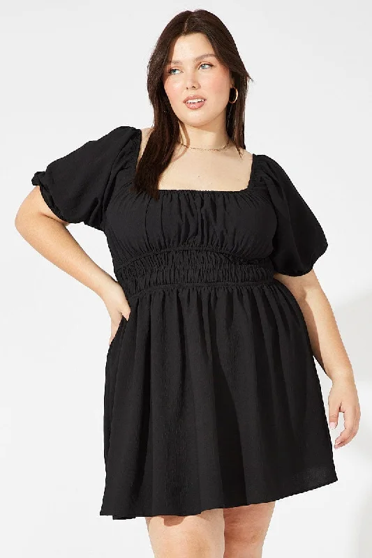 Effortless slip mini dress-Black Fit And Flare Dress Short Sleeve Shirred Waist