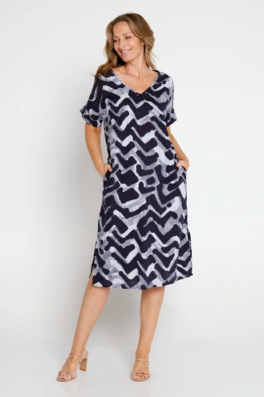 Tie-dye midi dress-Esiteri Linen Dress - Navy