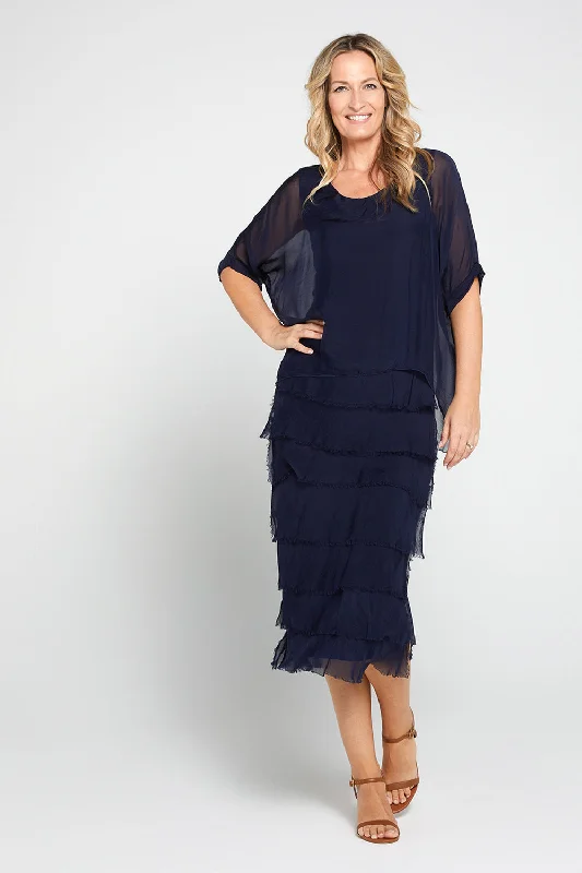 Elegant satin midi dress-Margo Silk Dress - Navy