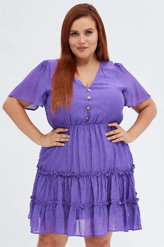 Mini dress with asymmetrical hem-Purple Fit And Flare Dress Short Sleeve V-neck