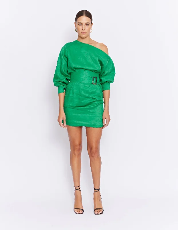 Elegant long-sleeve mini dress-ECHO LINEN DRESS | GREEN