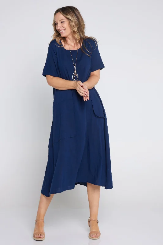 Fresh floral midi dress-Shona Cotton & Linen Dress - Navy