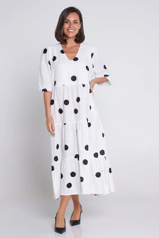 Peasant style midi dress-Eleanor Linen Dress - White/Black Spots