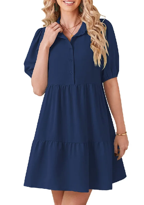 Layered tulle mini dress-Dark Blue Flowy Dresses for Women Babydoll Shirt Dress Business Casual Work Modest Puff Sleeve Short Dress