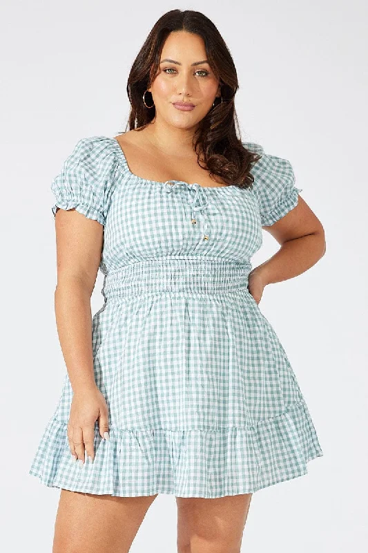 Mini dress with racerback-Green Check Fit And Flare Dress Short Sleeve Shirred Waist