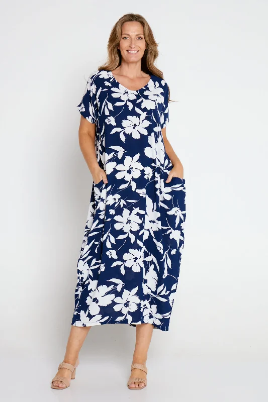 Satin slip midi dress-Liliana Dress - Navy/White Floral