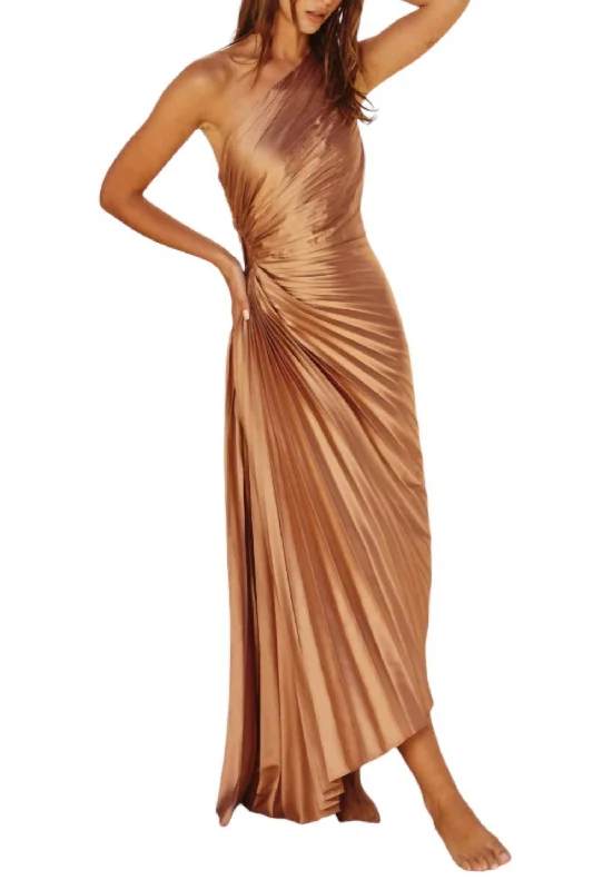 Stylish beach maxi dress-Asymmetrical Pleated Maxi Dress In Golden Sand