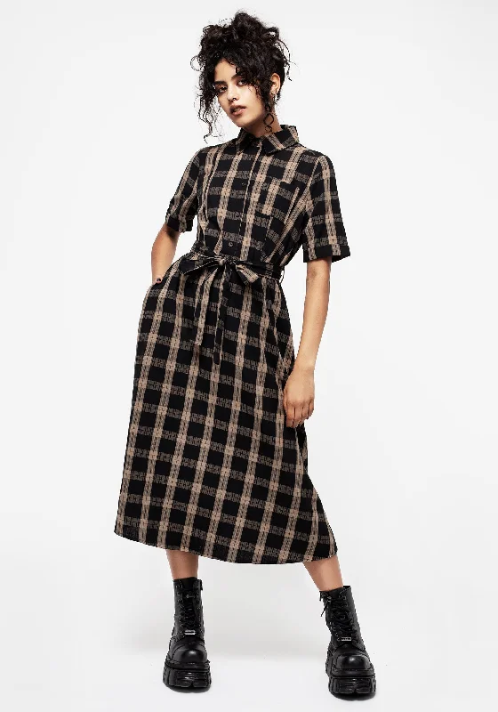 Off-shoulder midi dress-Rogue Check Cotton Midi Shirt Dress