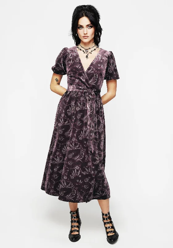 Midi dress with illusion back-Deception Snake Foil Print Velour Midi Wrap Dress