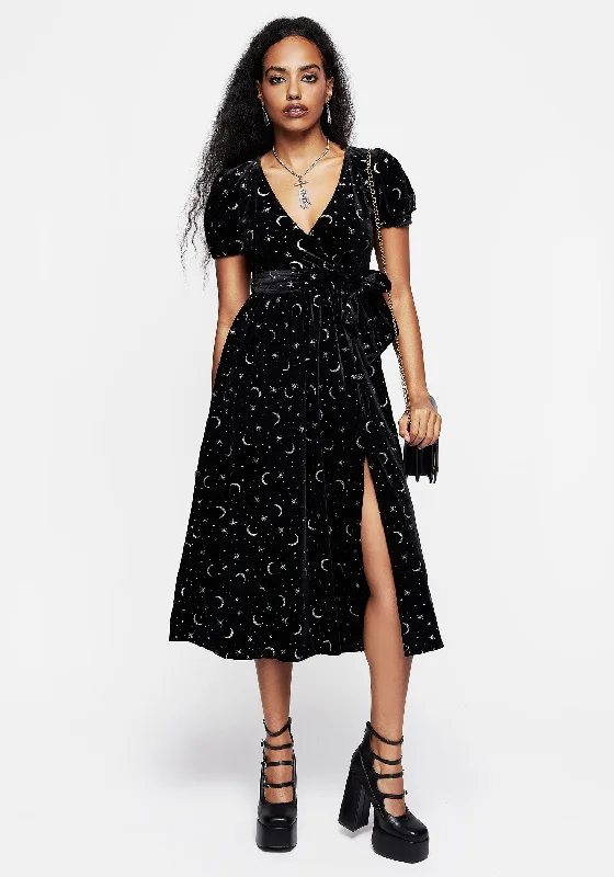 Modern design midi dress-Constellation Glitter Print Velour Midi Wrap Dress