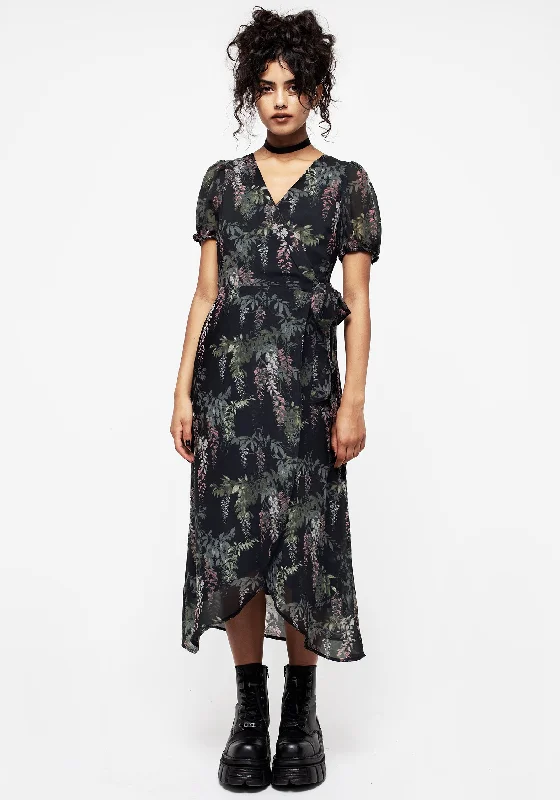 Peasant style midi dress-Wisteria Floral Print Chiffon Midi Wrap Dress