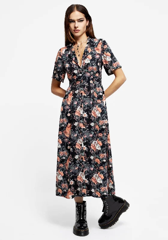 Midi dress with ruffle details-Reynard Fox Floral Print Midi Shirt Dress