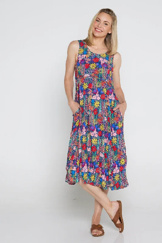 Shimmer finish midi dress-Sleeveless Waterhouse Dress - Rainbow Wildflowers