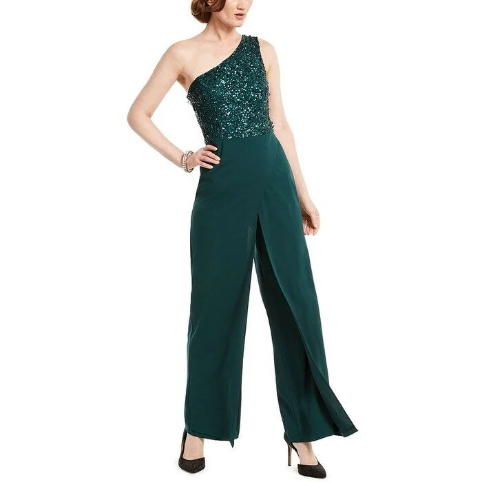 Mermaid style cocktail dress-Adrianna Papell Women's Sequined Zippered Sleeveless Asymmetrical Neckline Party Jumpsuit Green Size 14