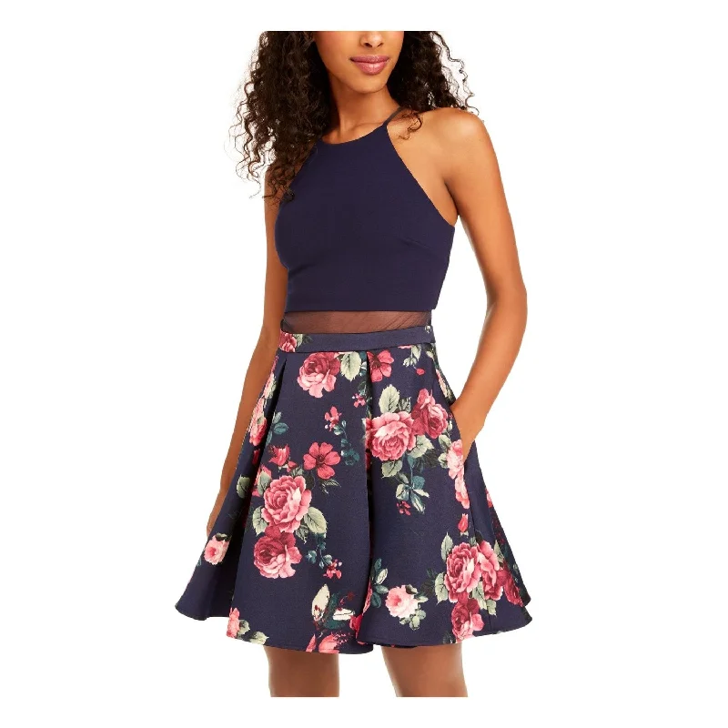 Sheath cocktail dress-B.Darlin Women's Floral Halter Short Party Fit Flare Dress Navy Size 5/6