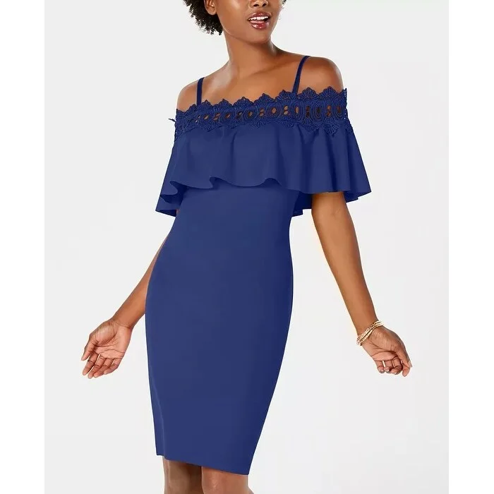 Cocktail dress with metallic accents-BCX Women's Crochet Trim Off The Shoulder Party Dress Turq Aqua Size 3