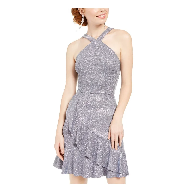 Chic cocktail dress-BCX Women's Glitter Ruffled Solid Spaghetti Strap Halter Short Fit Flare Party Dress Gray Size 3