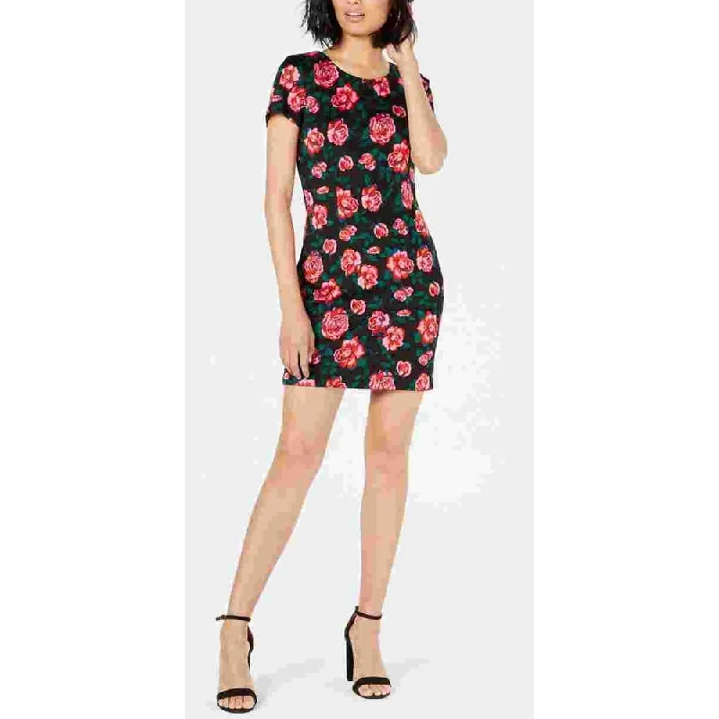 Bold color cocktail dress-Betsey Johnson Women's Pink Zippered Floral Short Sleeve Jewel Neck Short Sheath Party Dress Red Size 0