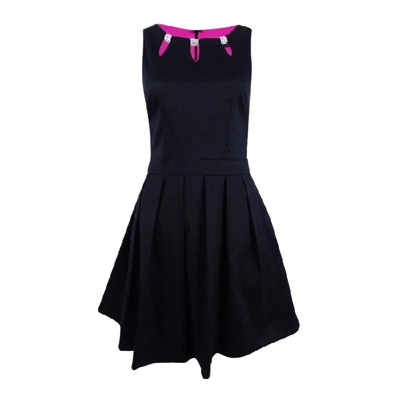 Summer casual mini dress-Betsy & Adam Women's Embellished Fit & Flare Dress (10, Black/Fuchsia)