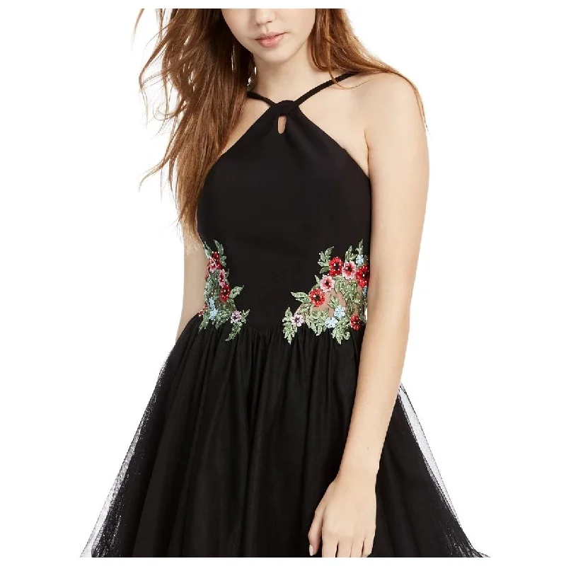 Ruffled cocktail dress-Blondie Nites Women's Zippered Floral Short Fit and Flare Party Dress Black Size 5