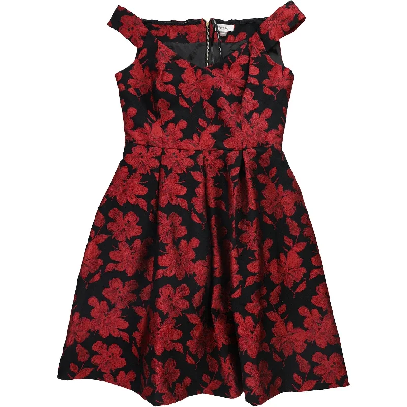 Retro-inspired mini dress-Calvin Klein Womens Brocade Floral Fit & Flare Dress, Red, 12