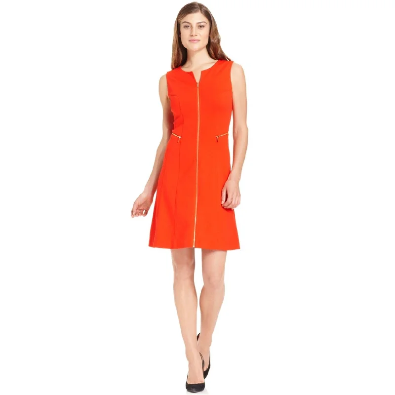 Mini dress with floral accents-Calvin Klein Womens Full-Zip Fit & Flare Dress, Red, Small