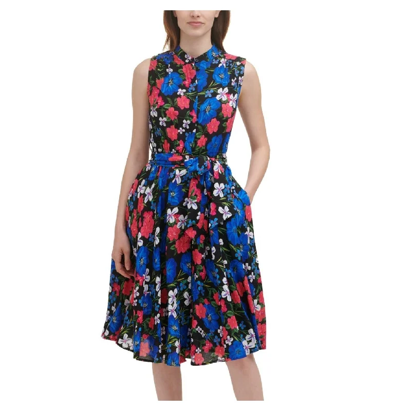 Red lace cocktail dress-Calvin Klein Women's Tie Pocketed Floral Sleeveless Collared Knee Length Party Fit Flare Dress Blue Size 16