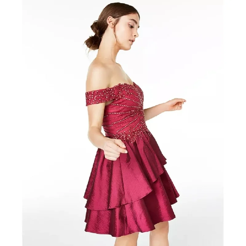 Sequin cocktail dress-City Studios Women's Burgundy Embellished Short Sleeve Off Shoulder Short Fit + Flare Party Dress Purple Size 9