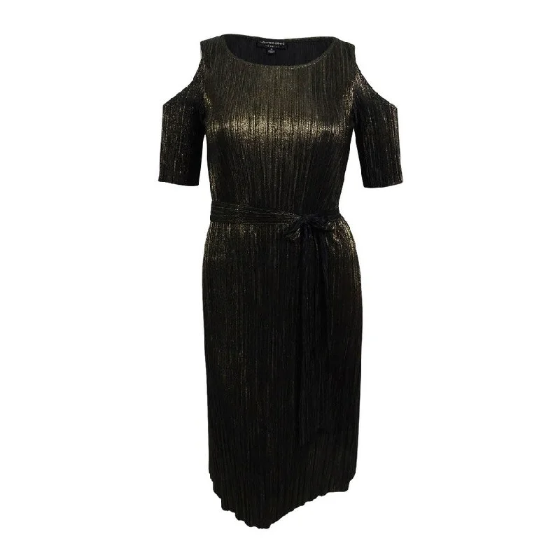 Party cocktail dress-Connected Women's Belted Metallic Crinkled Party Dress