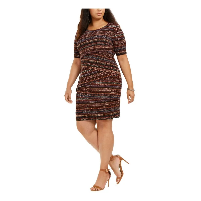 Retro cocktail dress-Connected Women's Printed Short Sleeve Jewel Neck Above the Knee Party Sheath Dress Brown Size 14W