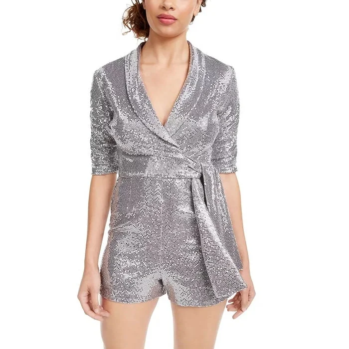 A-line cocktail dress-Crystal Dolls Women's Sequined 3/4 Sleeve V Neck Wrap Party Romper Gray Size X-Small