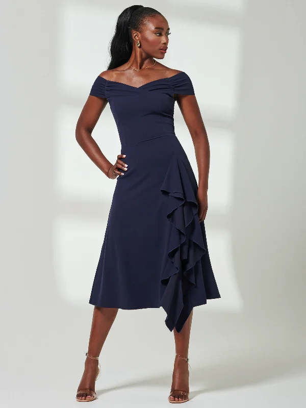 Chic mini dress with belt-Desiree Frill Fit & Flare Dress, Navy