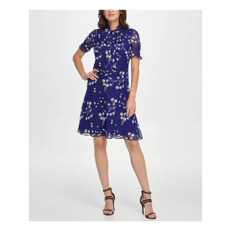 Floral cocktail dress-Dkny Women's Floral Tie Neck Above The Knee Fit Flare Party Dress Blue Size 4