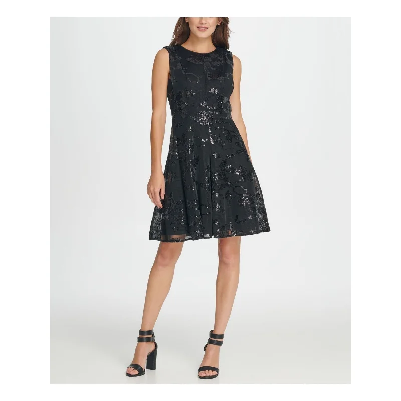 Casual cocktail dress-DKNY Women's Sequined Zippered Sleeveless Jewel Neck Short Fit Flare Party Dress Black Size 12