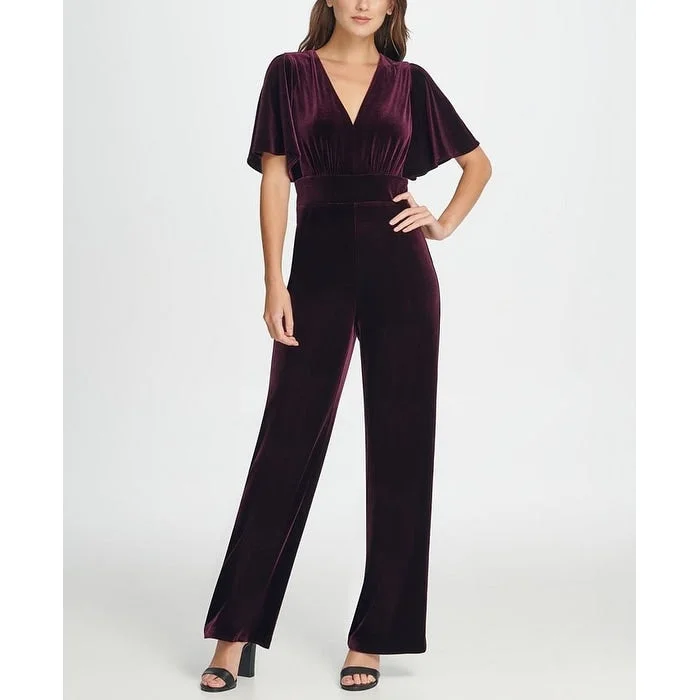 Minimalist cocktail dress design-DKNY Women's Zippered Bell Sleeve V Neck Party Wide Leg Jumpsuit Purple Size 6