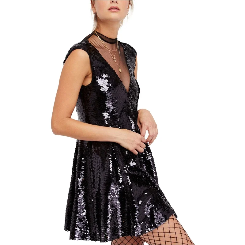 Sweet mini dress with smocking-Free People Womens Sequined Illusion Fit & Flare Dress, Black, X-Small