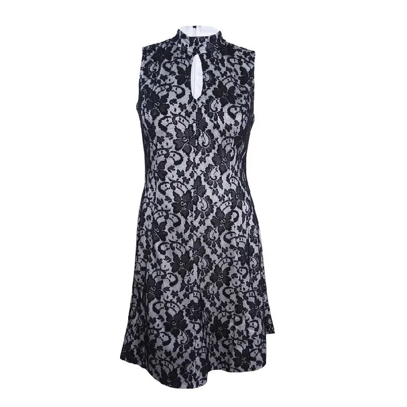 Mini dress with tie-dye print-JAX Women's Mock-Neck Lace Fit & Flare Dress (2, Black/Ivory)