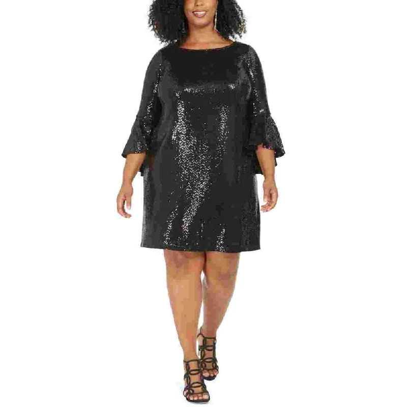 Elegant cocktail dress with lace-Jbs Ltd Women's Sequined Zippered Bell Sleeve Jewel Neck Above The Knee Sheath Party Dress Black Size 1X