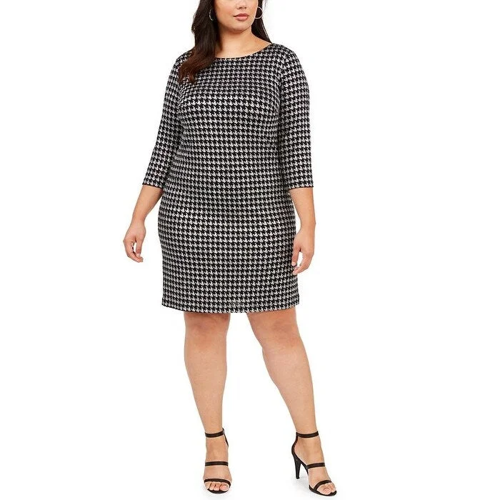 Modern chic cocktail dress-JESSICA HOWARD Women's Glitter Zippered Houndstooth 3/4 Sleeve Jewel Neck Above the Knee Sheath Party Dress Silver Size 14W