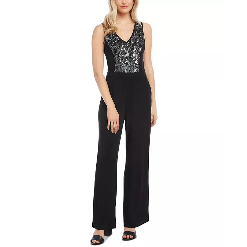 Party-ready cocktail dress-Karen Kane Women's Sleeveless V Neck Wide Leg Party Jumpsuit Black Size Medium