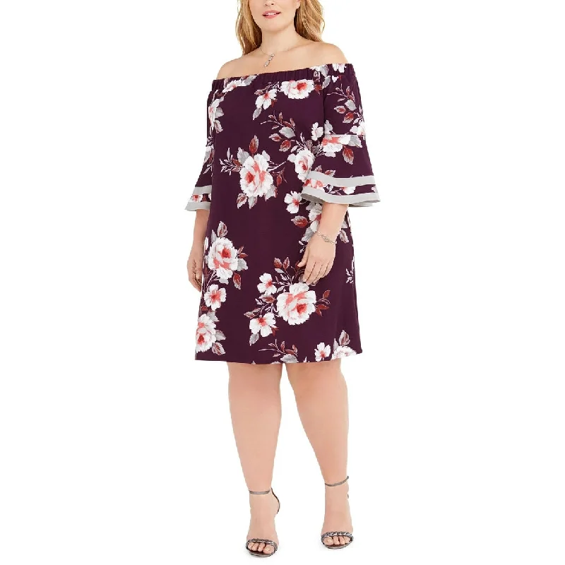 Backless cocktail dress-Love Squared Women's Floral Bell Sleeve Off Shoulder Knee Length Shift Party Dress Purple Size 1X