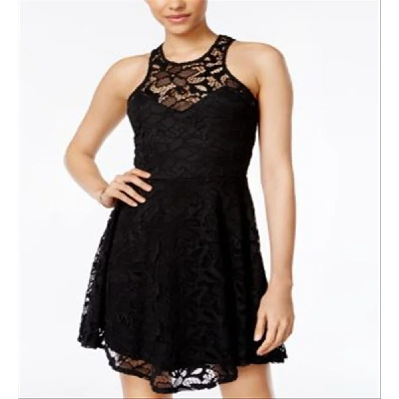 Casual cocktail dress-Material Girl Women's Lace Sleeveless Illusion Neckline Party Sheath Dress Black Size Medium