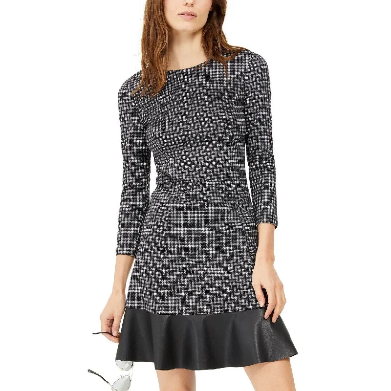 Cocktail dress with cap sleeves-Michael Kors Women's Faux Leather Plaid 3/4 Sleeve Jewel Neck Short Fit Flare Party Dress Silver Size Medium