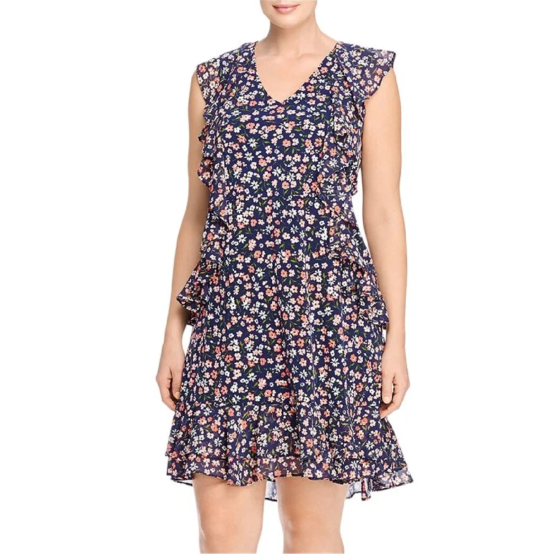 Mini dress with keyhole neckline-Michael Kors Womens Floral Ruffle Fit & Flare Dress, Blue, X-Small