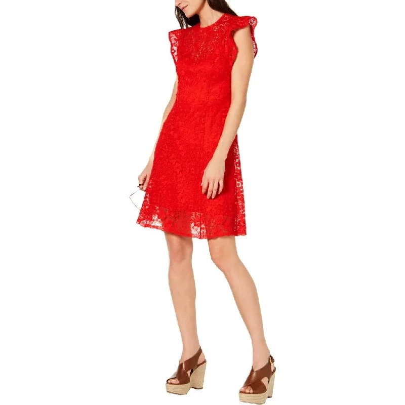 Cocktail dress with pleated skirt-Michael Kors Women's Lace Cap Sleeve Party Dress Red Size Large